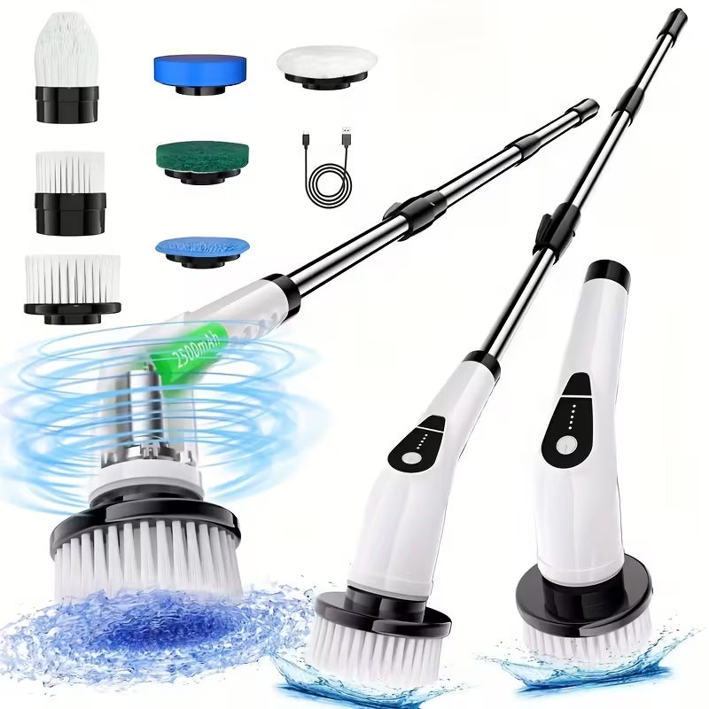 Powerful Cordless Spin Scrubber, Electric Bathroom Cleaning Brush with 7 Replaceable Heads & Long Telescopic Handle for Tub, Tile, Floor & Kitchen