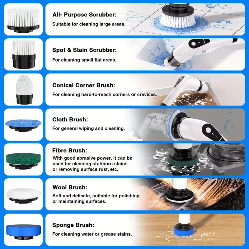 Powerful Cordless Spin Scrubber, Electric Bathroom Cleaning Brush with 7 Replaceable Heads & Long Telescopic Handle for Tub, Tile, Floor & Kitchen